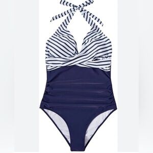 Navy and White Striped One Piece Swimsuit